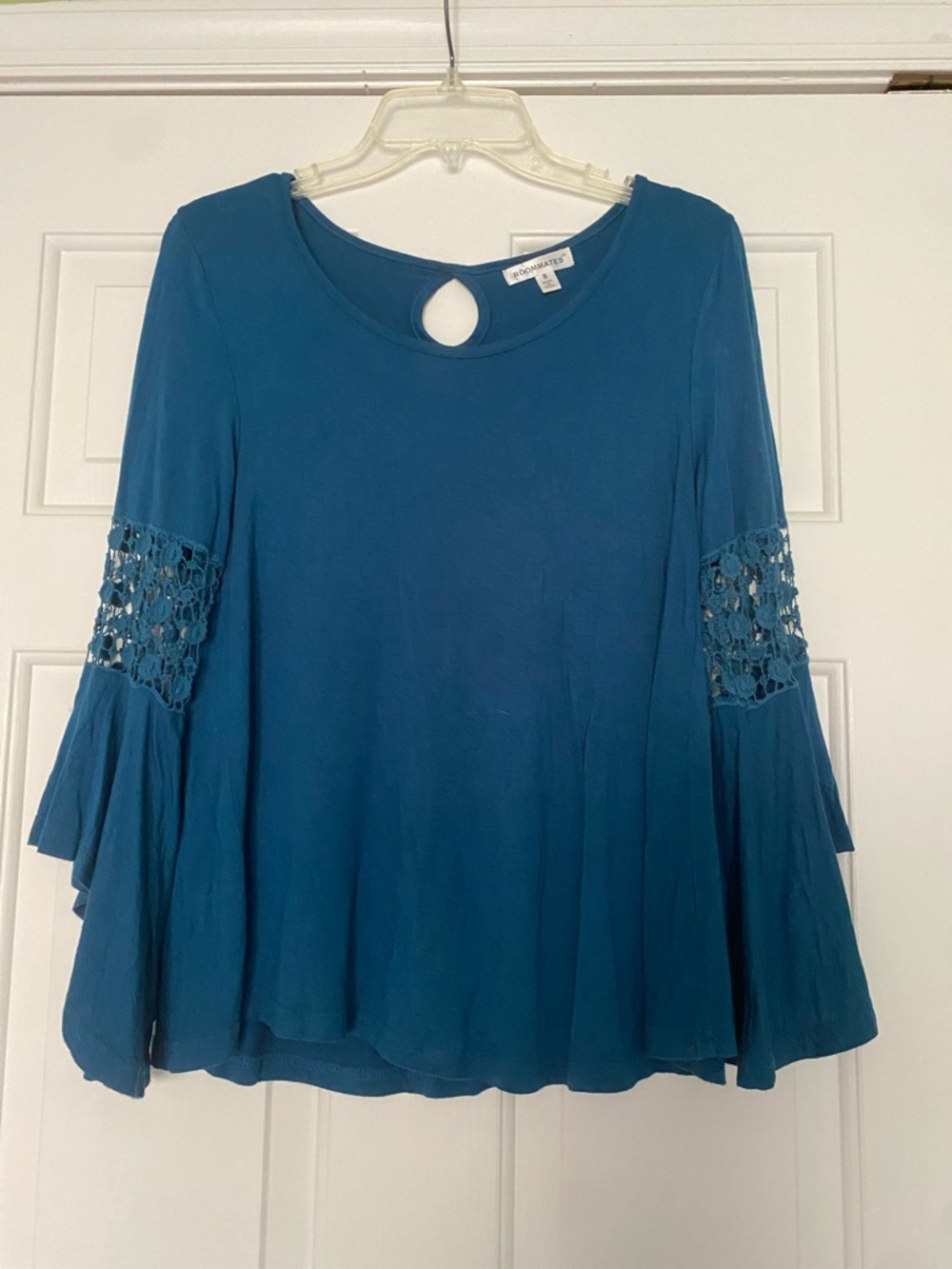 Roommates Y2K Teal Bell-Sleeve Top with Crochet Insets - size S